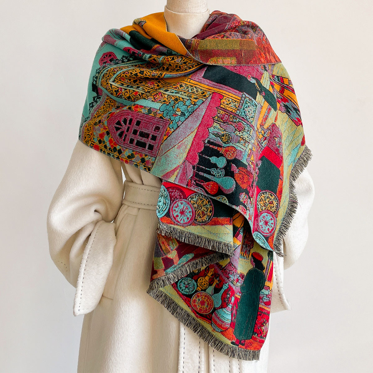 Go Ethnic Fashion - Herbst-Winter-Damen-Schal aus Kaschmirimitat, wendbar, exotischer Bazaar-Druck