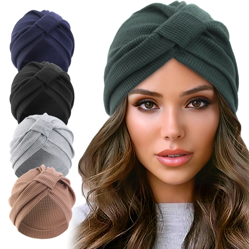 Ethnic Fashion India - Damen Baumwoll-Waffel-Kopftuch-Mütze, Atmungsaktive Dicke Quadratische Ethnische
