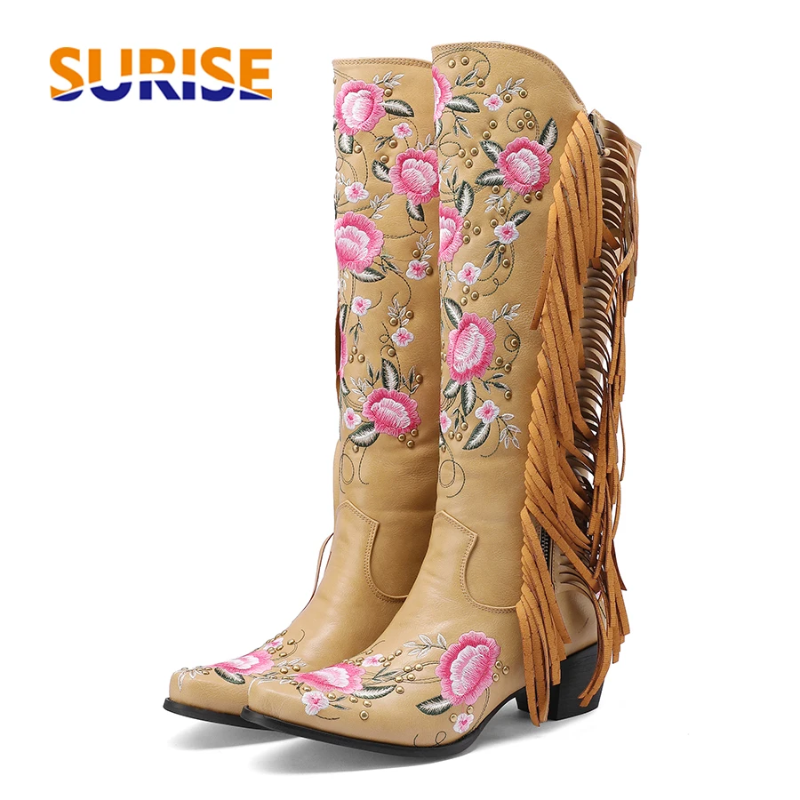 Ethnic Fashion Women - Mode Stickerei Blume Western Kniehohe Stiefel